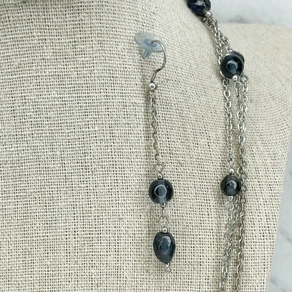 Silver Tone Blue Beaded Chain Link Necklace and Matching Dangle Earrings - Picture 3 of 7